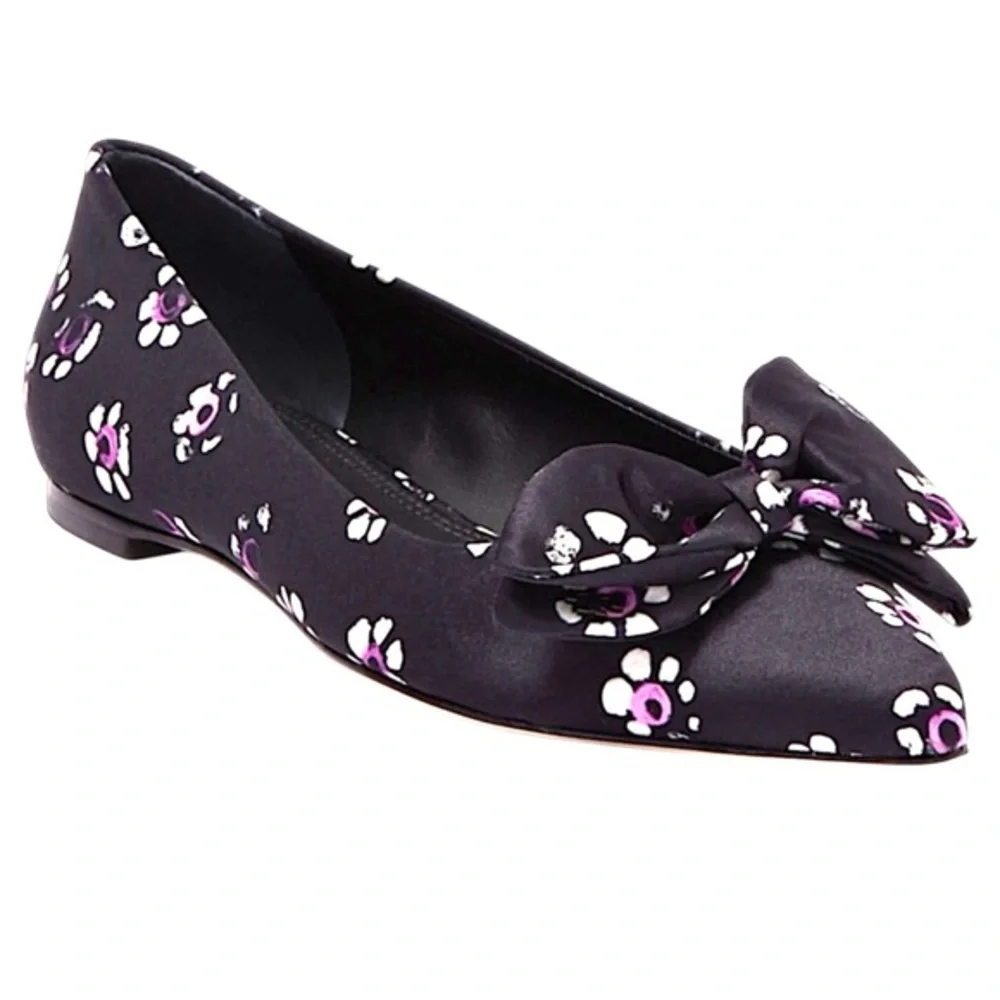 Tory Burch Ballet Flats Rosalind Black Floral Print Satin bow Size 11 NWT